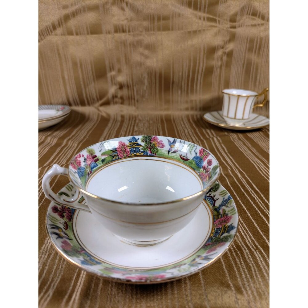 Melba China England Teacup & Saucer With Oriental Garden Design